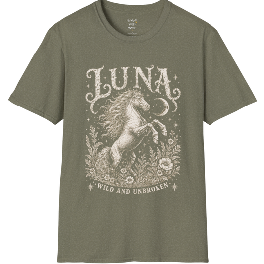 Ramro Yoga Wear Luna tee in Heather Military Green — wild horse botanical vintage engraving, flat lay product shot