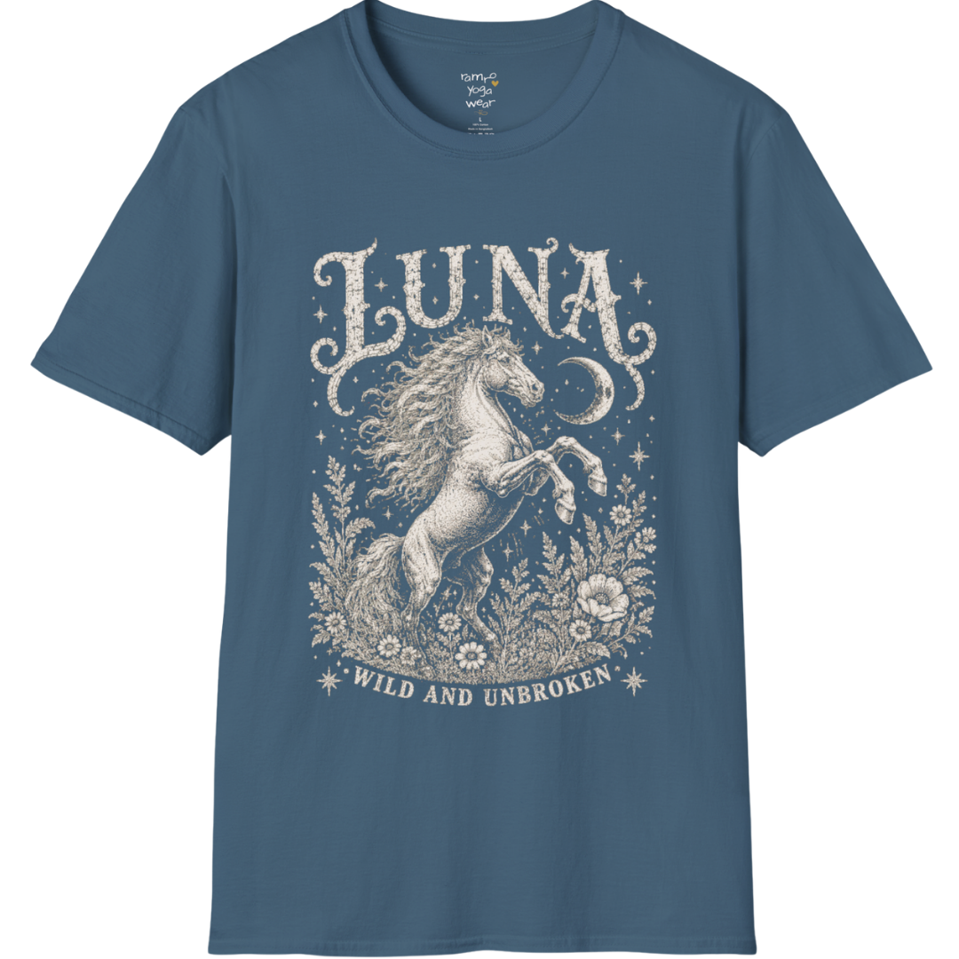 Ramro Yoga Wear Luna tee in Indigo Blue — wild horse botanical vintage engraving, flat lay product shot
