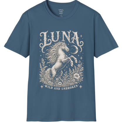Ramro Yoga Wear Luna tee in Indigo Blue — wild horse botanical vintage engraving, flat lay product shot