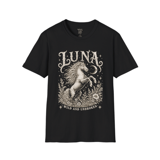Ramro Yoga Wear Luna tee in Black — wild horse botanical vintage engraving, flat lay product shot