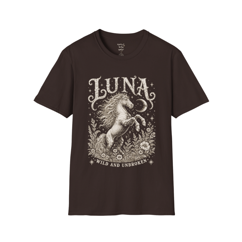 Ramro Yoga Wear Luna tee in Dark Chocolate — wild horse botanical vintage engraving, flat lay product shot