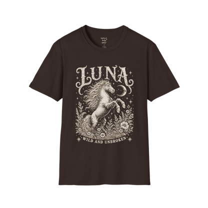 Ramro Yoga Wear Luna tee in Dark Chocolate — wild horse botanical vintage engraving, flat lay product shot