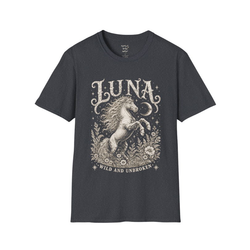 Ramro Yoga Wear Luna tee in Dark Heather Grey — wild horse botanical vintage engraving, flat lay product shot