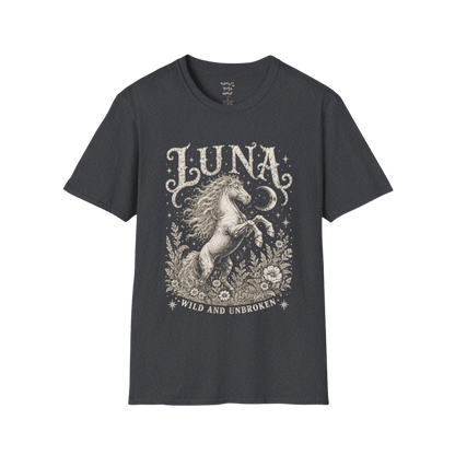 Ramro Yoga Wear Luna tee in Dark Heather Grey — wild horse botanical vintage engraving, flat lay product shot