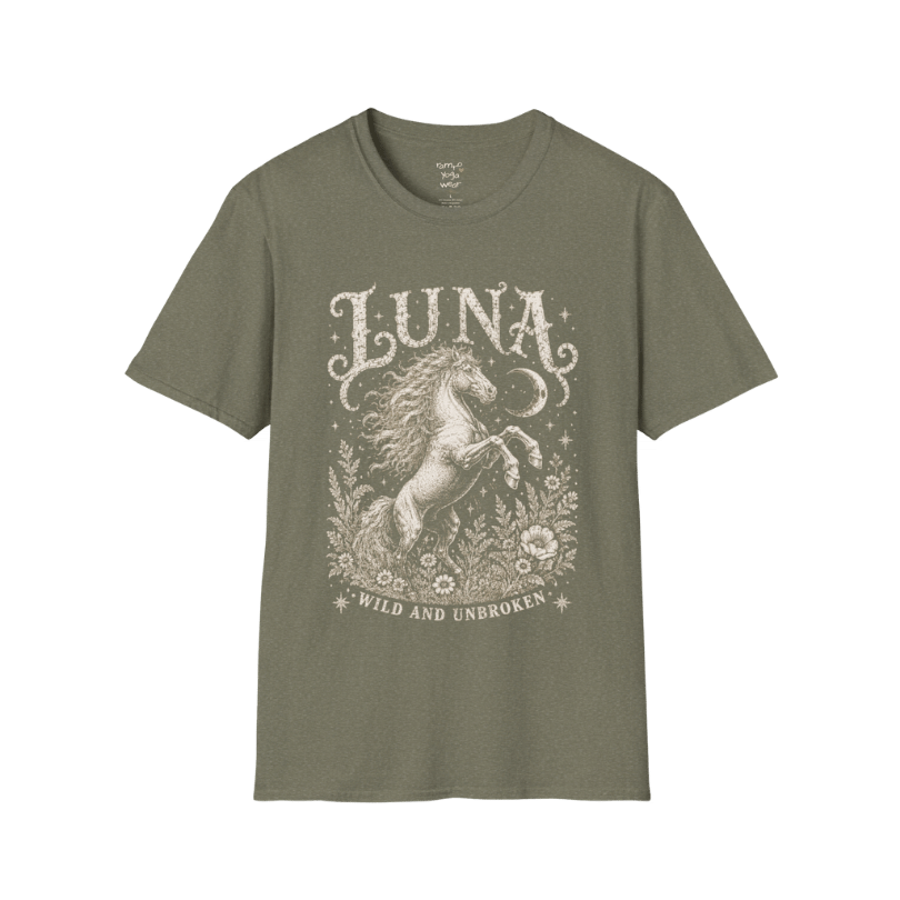 Ramro Yoga Wear Luna tee in Heather Military Green — wild horse botanical vintage engraving, flat lay product shot