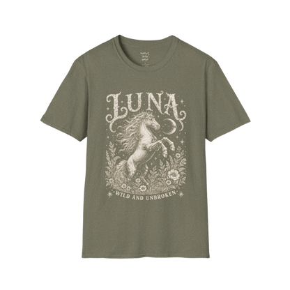 Ramro Yoga Wear Luna tee in Heather Military Green — wild horse botanical vintage engraving, flat lay product shot