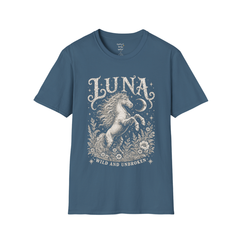 Ramro Yoga Wear Luna tee in Indigo Blue — wild horse botanical vintage engraving, flat lay product shot