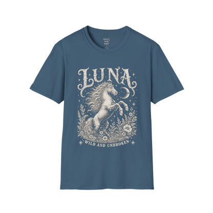 Ramro Yoga Wear Luna tee in Indigo Blue — wild horse botanical vintage engraving, flat lay product shot