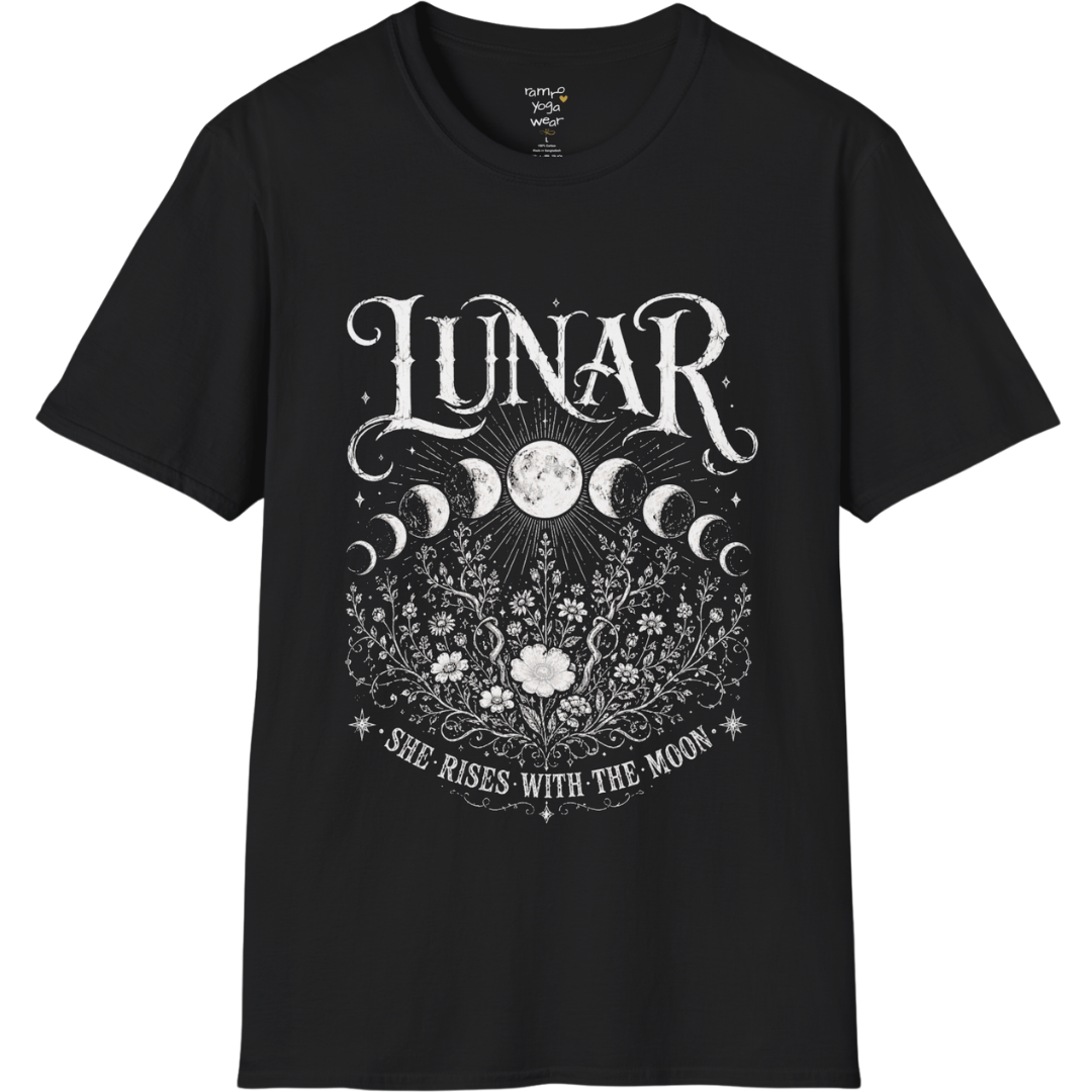 Black Lunar T-Shirt featuring mystical moon phase artwork with celestial florals and vintage etched detailing in soft cream print.