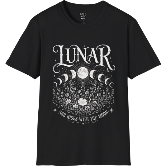 Black Lunar T-Shirt featuring mystical moon phase artwork with celestial florals and vintage etched detailing in soft cream print.