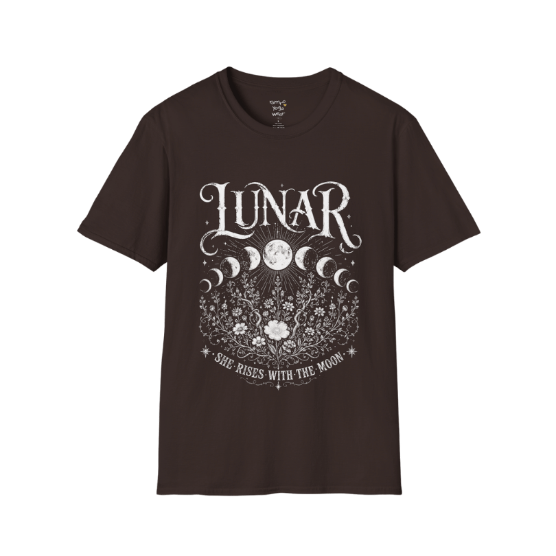 Dark Chocolate Lunar T-Shirt with detailed lunar phase illustration, celestial botanical artwork, and vintage mystical screen-print styling.
