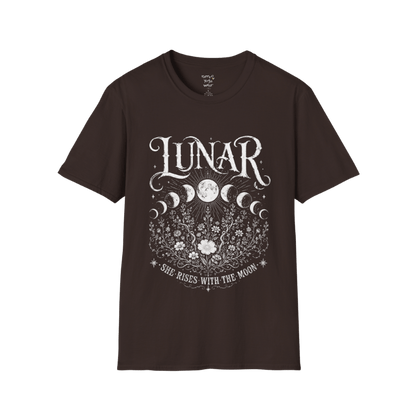 Dark Chocolate Lunar T-Shirt with detailed lunar phase illustration, celestial botanical artwork, and vintage mystical screen-print styling.