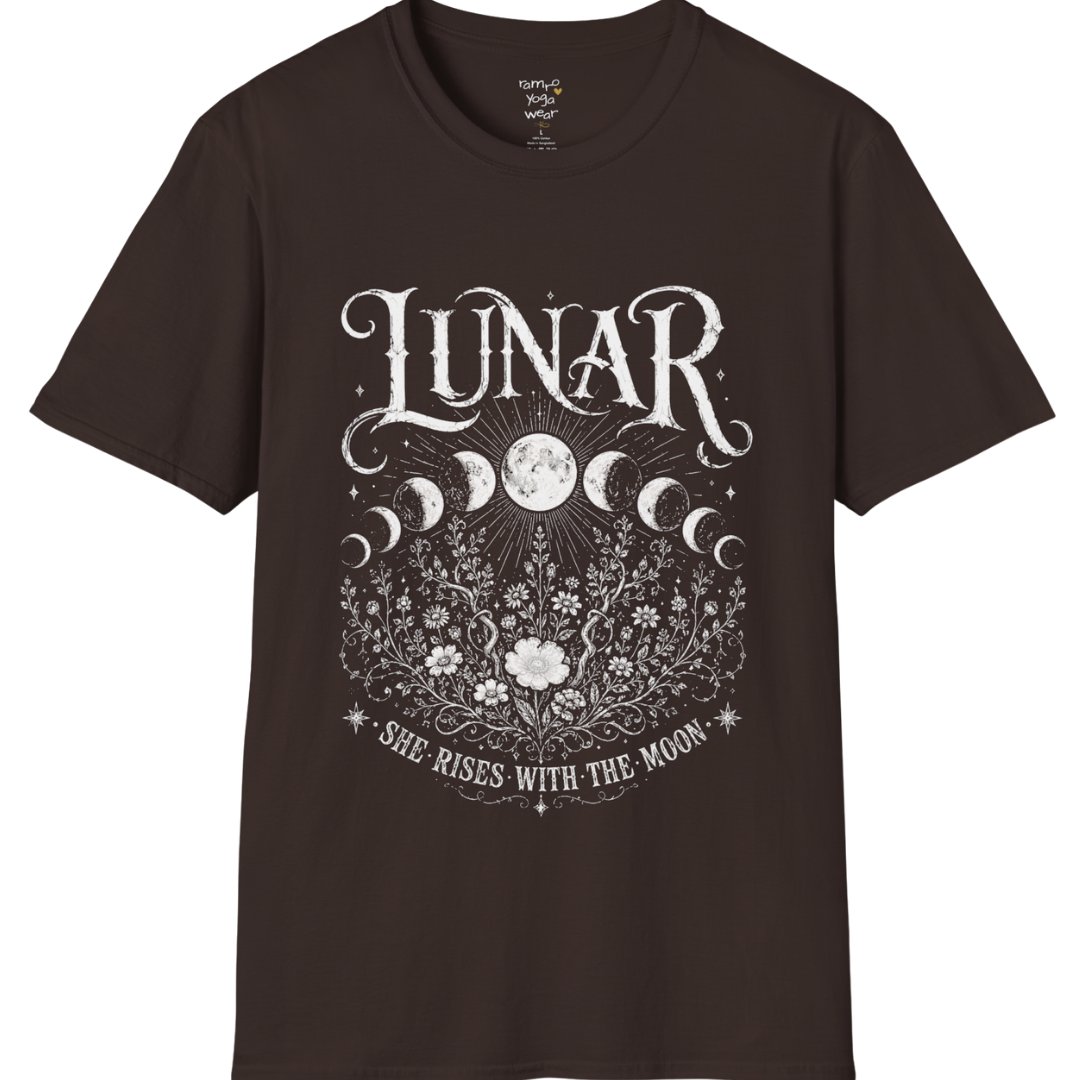 Dark Chocolate Lunar T-Shirt with detailed lunar phase illustration, celestial botanical artwork, and vintage mystical screen-print styling.