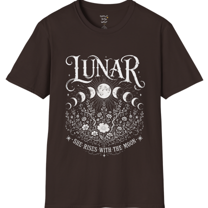 Dark Chocolate Lunar T-Shirt with detailed lunar phase illustration, celestial botanical artwork, and vintage mystical screen-print styling.