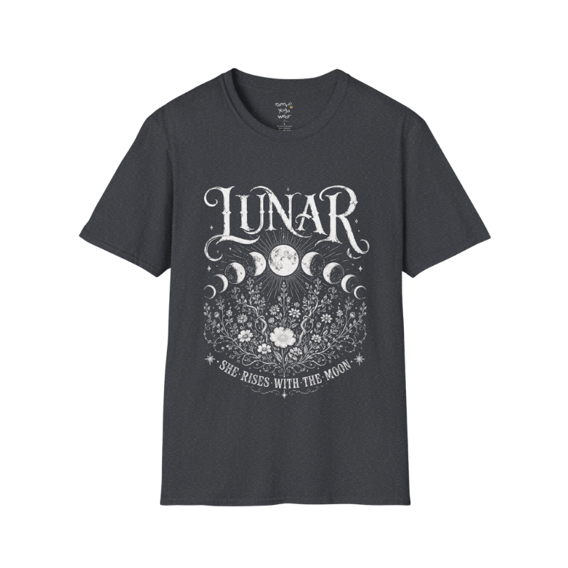 Dark Heather Grey Lunar T-Shirt featuring cosmic moon cycle artwork with ornate floral etching and spiritual vintage-inspired design.