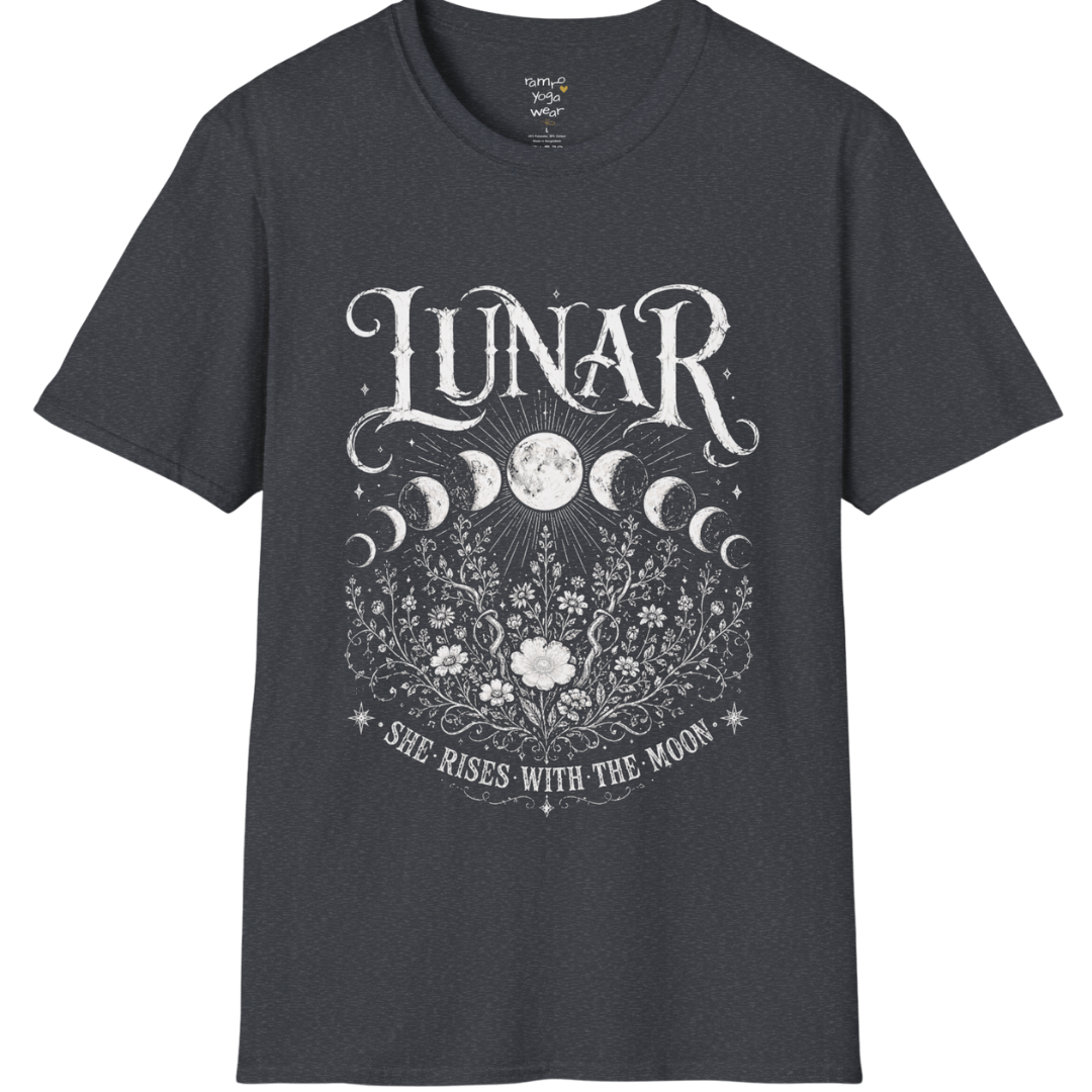 Dark Heather Grey Lunar T-Shirt featuring cosmic moon cycle artwork with ornate floral etching and spiritual vintage-inspired design.