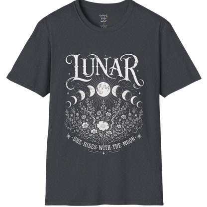 Dark Heather Grey Lunar T-Shirt featuring cosmic moon cycle artwork with ornate floral etching and spiritual vintage-inspired design.