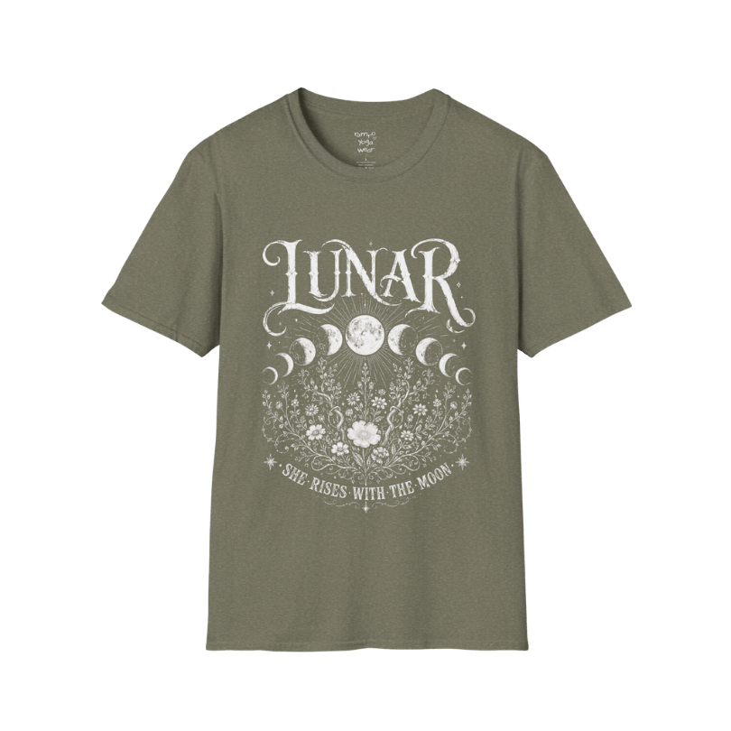 Heather Military Green Lunar T-Shirt with mystical lunar artwork, celestial moon phases, and distressed vintage botanical detailing.