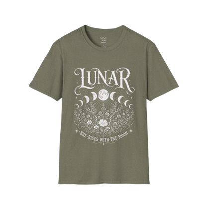 Heather Military Green Lunar T-Shirt with mystical lunar artwork, celestial moon phases, and distressed vintage botanical detailing.