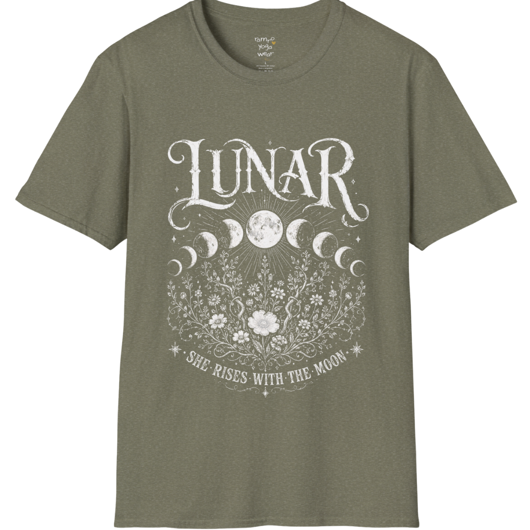 Heather Military Green Lunar T-Shirt with mystical lunar artwork, celestial moon phases, and distressed vintage botanical detailing.