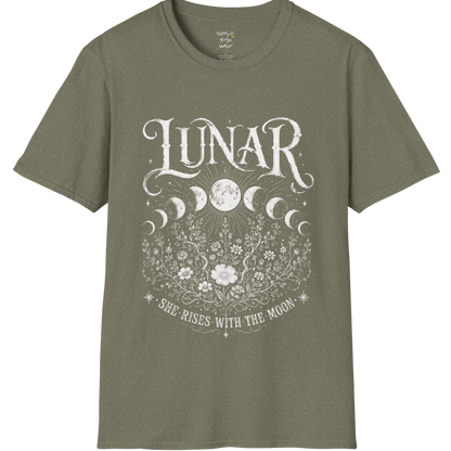 Heather Military Green Lunar T-Shirt with mystical lunar artwork, celestial moon phases, and distressed vintage botanical detailing.