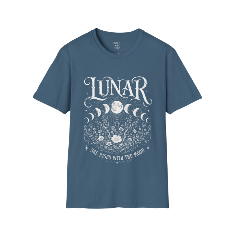 Indigo Blue Lunar T-Shirt featuring celestial moon phase artwork with intricate vintage floral etching and mystical spiritual styling.