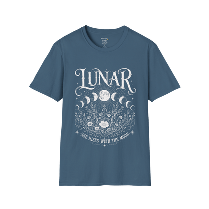 Indigo Blue Lunar T-Shirt featuring celestial moon phase artwork with intricate vintage floral etching and mystical spiritual styling.
