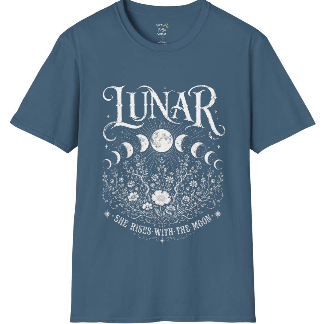 Indigo Blue Lunar T-Shirt featuring celestial moon phase artwork with intricate vintage floral etching and mystical spiritual styling.