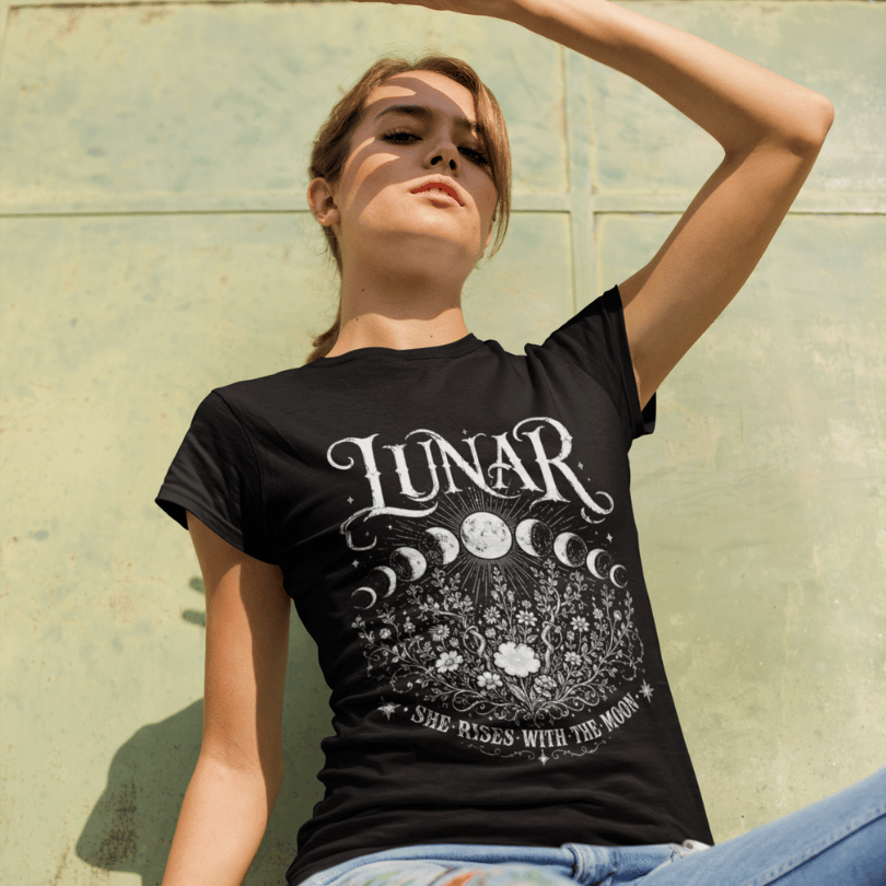 Ramro Yoga Wear Lunar tee in Black — moon phases wildflowers botanical vintage design, urban wall lifestyle shot