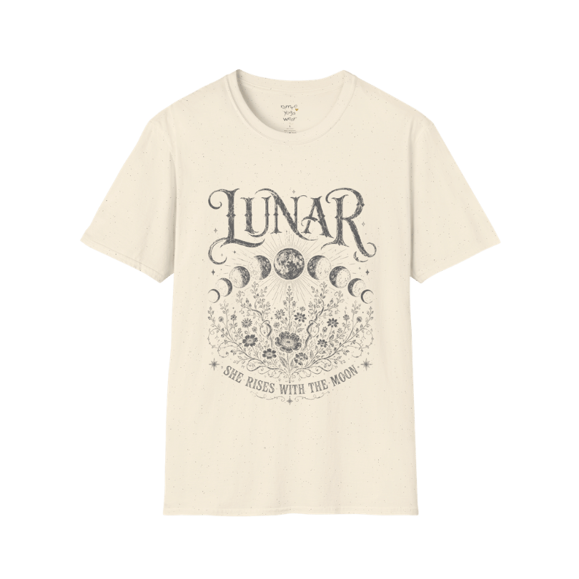 Natural Lunar T-Shirt featuring dark grey mystical moon phase artwork with celestial florals and vintage etched spiritual illustration styling.