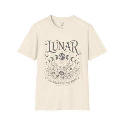Natural Lunar T-Shirt featuring dark grey mystical moon phase artwork with celestial florals and vintage etched spiritual illustration styling.