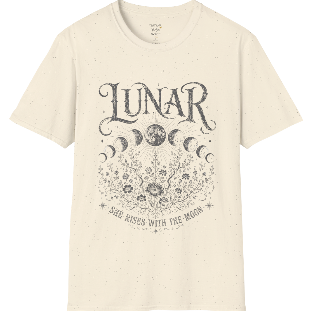 Natural Lunar T-Shirt featuring dark grey mystical moon phase artwork with celestial florals and vintage etched spiritual illustration styling.
