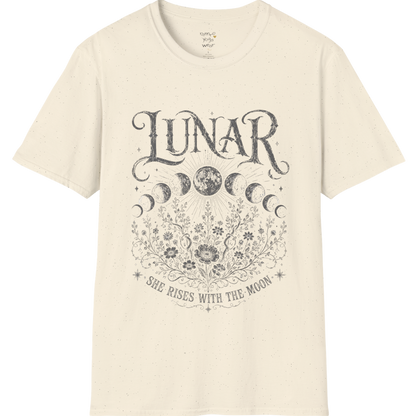 Natural Lunar T-Shirt featuring dark grey mystical moon phase artwork with celestial florals and vintage etched spiritual illustration styling.