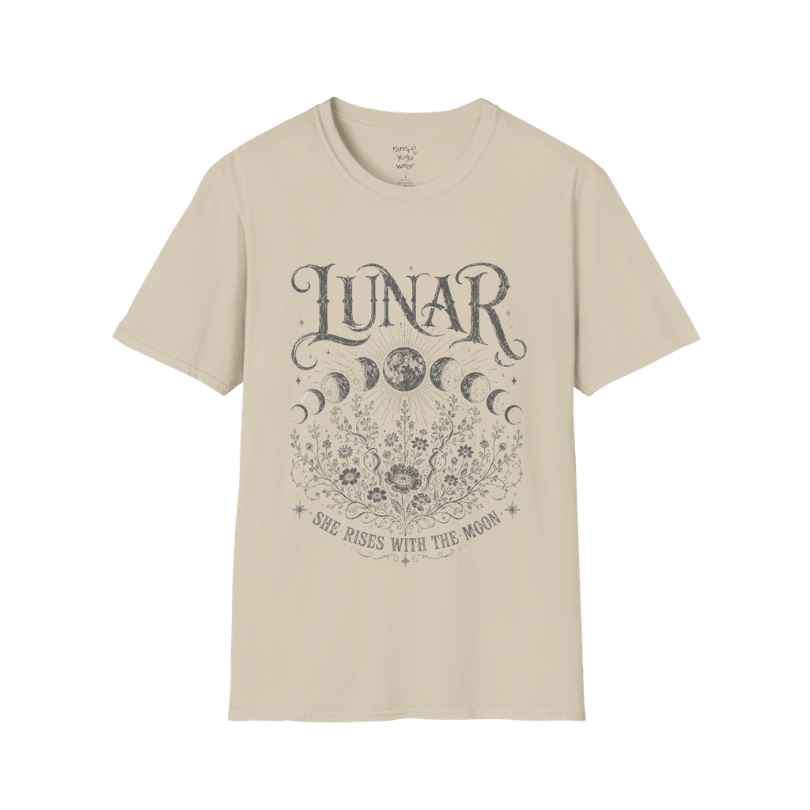 Sand Lunar T-Shirt with dark grey lunar cycle artwork, botanical celestial detailing, and soft vintage-inspired mystical aesthetic.