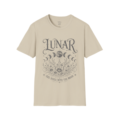 Sand Lunar T-Shirt with dark grey lunar cycle artwork, botanical celestial detailing, and soft vintage-inspired mystical aesthetic.