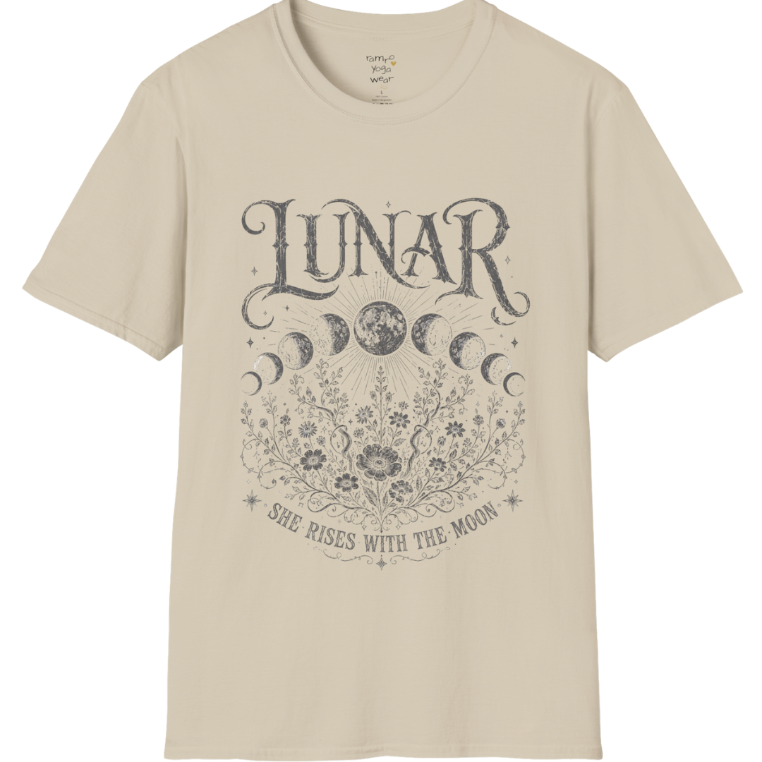 Sand Lunar T-Shirt with dark grey lunar cycle artwork, botanical celestial detailing, and soft vintage-inspired mystical aesthetic.