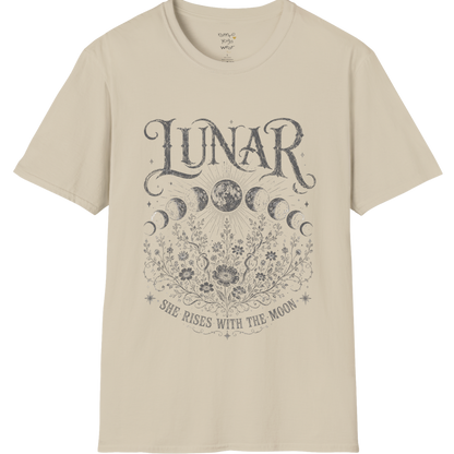 Sand Lunar T-Shirt with dark grey lunar cycle artwork, botanical celestial detailing, and soft vintage-inspired mystical aesthetic.