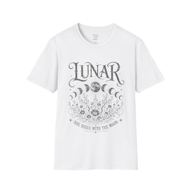 White Lunar T-Shirt featuring dark grey moon phase illustration with celestial floral detailing in a clean vintage spiritual design.
