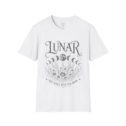 White Lunar T-Shirt featuring dark grey moon phase illustration with celestial floral detailing in a clean vintage spiritual design.