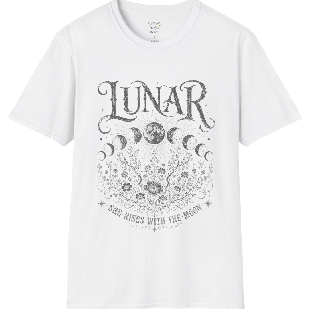 White Lunar T-Shirt featuring dark grey moon phase illustration with celestial floral detailing in a clean vintage spiritual design.