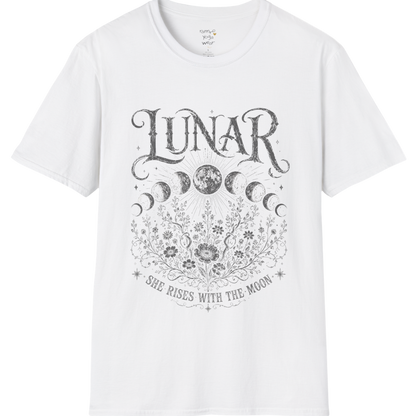 White Lunar T-Shirt featuring dark grey moon phase illustration with celestial floral detailing in a clean vintage spiritual design.