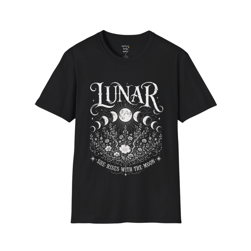 Black Lunar T-Shirt featuring mystical moon phase artwork with celestial florals and vintage etched detailing in soft cream print.