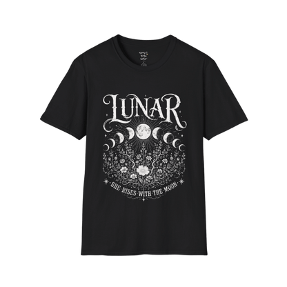 Black Lunar T-Shirt featuring mystical moon phase artwork with celestial florals and vintage etched detailing in soft cream print.