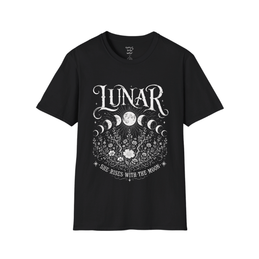 Black Lunar T-Shirt featuring mystical moon phase artwork with celestial florals and vintage etched detailing in soft cream print.