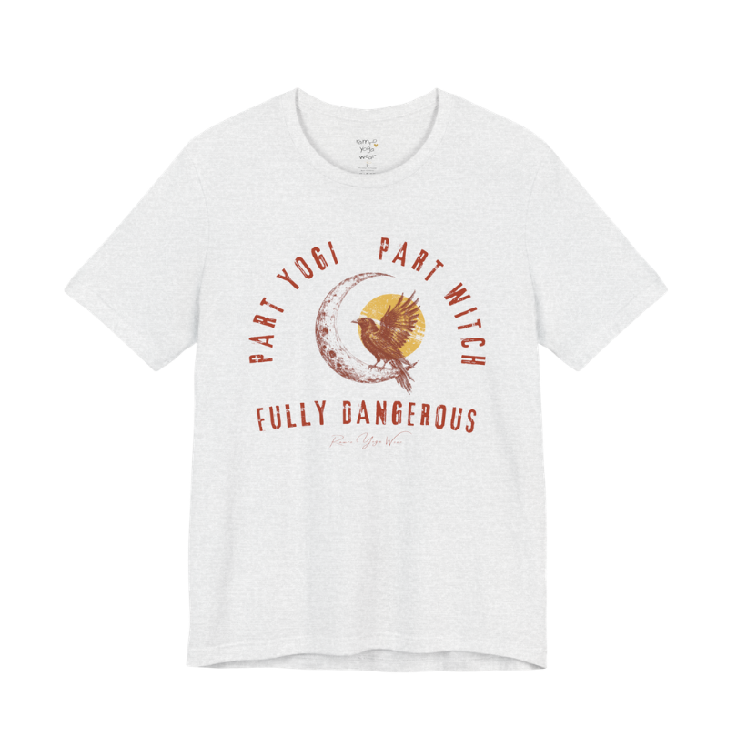 PART YOGI PART WITCH FULLY DANGEROUS raven moon circular arch tee — Funny Yoga Shirts collection by Ramro Yoga Wear — Ash