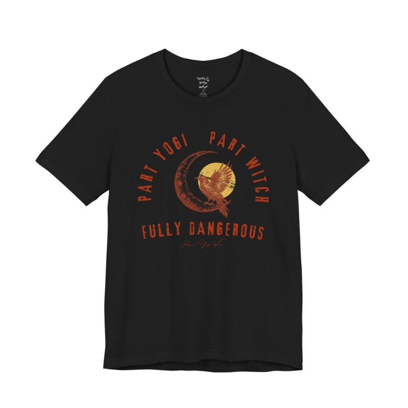 PART YOGI PART WITCH FULLY DANGEROUS raven moon circular arch tee — Funny Yoga Shirts collection by Ramro Yoga Wear — Black