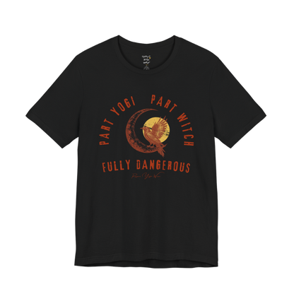 PART YOGI PART WITCH FULLY DANGEROUS raven moon circular arch tee — Funny Yoga Shirts collection by Ramro Yoga Wear — Black