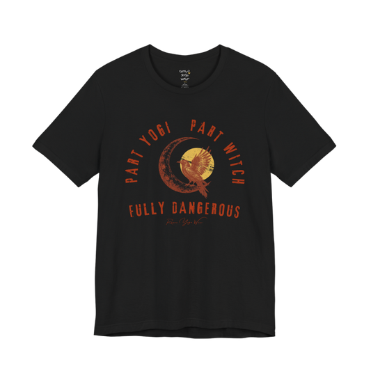 PART YOGI PART WITCH FULLY DANGEROUS raven moon circular arch tee — Funny Yoga Shirts collection by Ramro Yoga Wear — Black