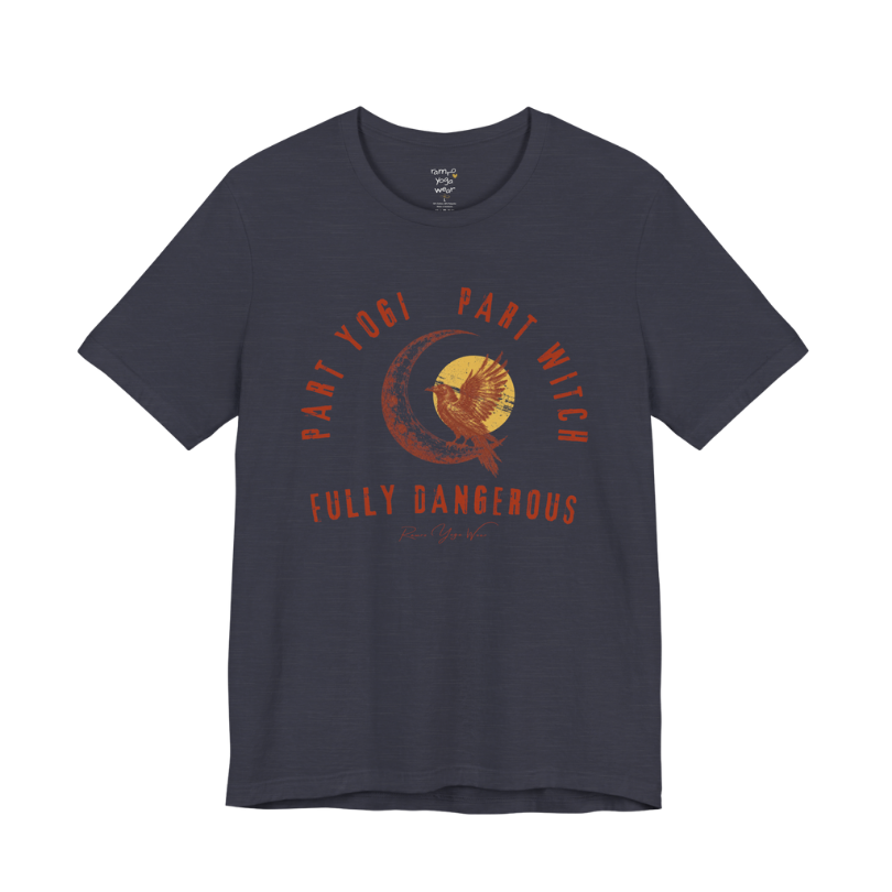 PART YOGI PART WITCH FULLY DANGEROUS raven moon circular arch tee — Funny Yoga Shirts collection by Ramro Yoga Wear — Heather Midnight Navy