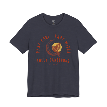 PART YOGI PART WITCH FULLY DANGEROUS raven moon circular arch tee — Funny Yoga Shirts collection by Ramro Yoga Wear — Heather Midnight Navy